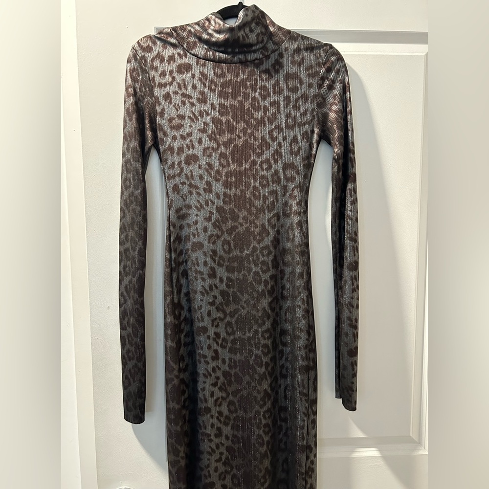 ASSEMBLY METALLIC LEOPARD RAW HEM MIDI DRESS SIZE S